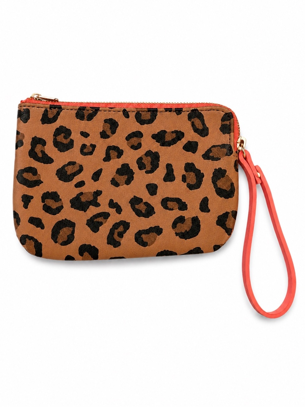 Leopard Print Wristlet Pouch Brown with Coral Strap and  Interior